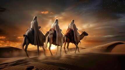 Wall Mural - The Three Wise Men carry gifts through the desert guided by the stars. Christmas concept.