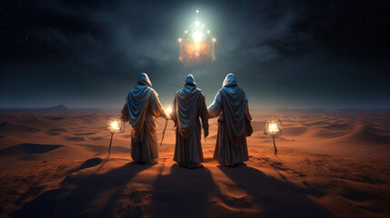 Wall Mural - The Three Wise Men carry gifts through the desert guided by the stars. Christmas concept.