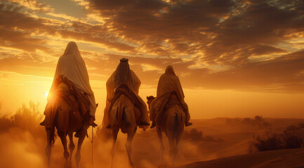 Wall Mural - The Three Wise Men carry gifts through the desert guided by the stars. Christmas concept.