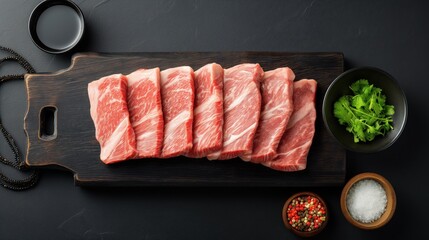 Wall Mural - Raw marbled beef slices on a wooden cutting board with soy sauce, cilantro, peppercorns, and coarse salt on a dark surface.