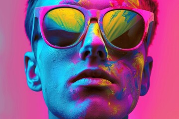 Sticker - Closeup of a young person's face covered in bright holi powder paints, with sunglasses