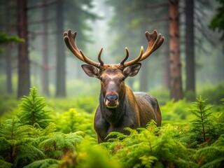 Majestic Swedish moose Alces alces roams freely in misty dark forest surrounded by vibrant green plants on a rainy day, showcasing its natural habitat beauty.