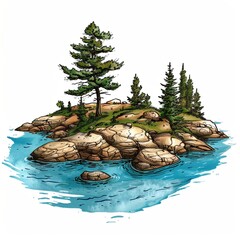 Canvas Print - Illustration of an Island with Trees and Water