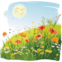 Sticker - Vibrant Meadow with Colorful Flowers and Sunny Sky