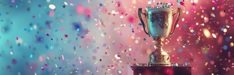 A trophy with confetti raining and a sparkling background