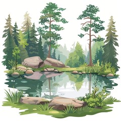 Sticker - Serene Forest Pond Surrounded by Lush Greenery