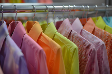 Canvas Print - bright colored shirts on wire hangers, hanging on a rac