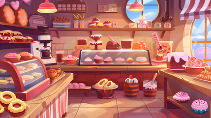 Wall Mural - Colorful cartoon bakery with various pastries, displayed in vintage 6 style, against a raw background.