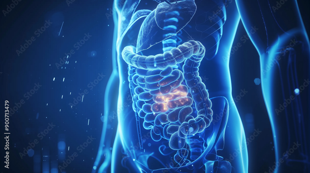 3D X-ray image showing the anatomy of the stomach and intestines. The