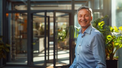 Middle-aged man in business casual attire, smiling at office entrance with glass doors and plants, natural sunlight and shadows. Middle aged man welcome onboarding