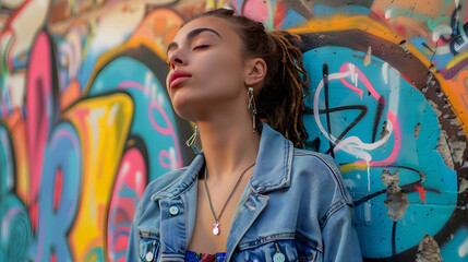 A young woman in a denim jacket stands confidently against a wall with colorful graffiti. Her eyes are closed and she is looking upwards, possibly in thought or reflection