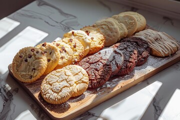 Wall Mural - Inviting selection of delicious cookies dusted with sugar, presented on a wooden tray in soft sunlight