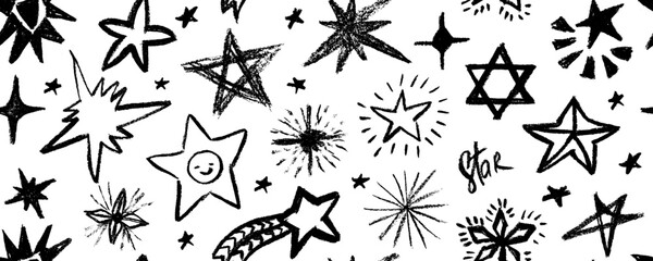 Seamless pattern design with doodle stars and comets. Hand drawn charcoal doodle magic stars. Childish style of meteoroid, comet and asteroid. 
.