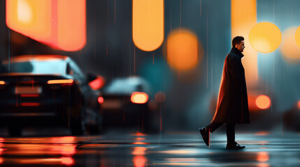 Canvas Print - Silhouette of a man wearing a long coat walking on a rainy street with blurred car lights in the background at night