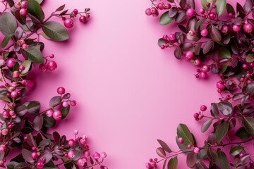 Wall Mural - elegant pink berries and leaves bordering a soft pastel backdrop, perfect for classy designs