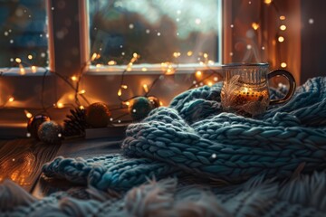 Poster - Tranquil winter scene featuring a hot beverage, fairy lights, and a soft knitted blanket by the window