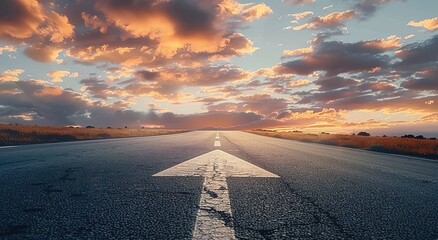 A straight road leading into the distance with an arrow pointing forward on it