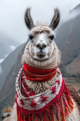 Poster - A llama with a colorful scarf looks directly at the camera. AI.