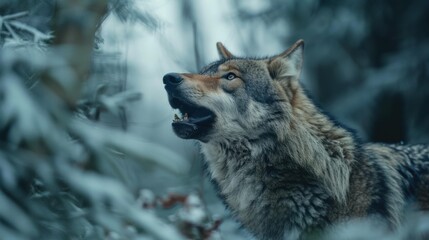 Canvas Print - A wolf howls in the snowy forest. AI.