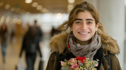 Poster - A woman smiles warmly, holding a bouquet of flowers. AI.