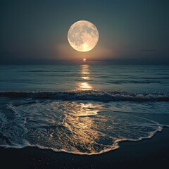 a breathtaking view of a full moon rising over tranquil ocean waves at sunset, creating a serene and