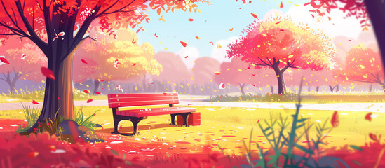 Wall Mural - red park bench under a tree with colorful autumn leaves falling in a sunlit park