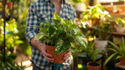 Salesman holding a pot of lush pothos plant in a plant store