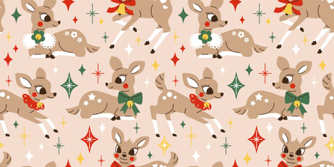 Seamless pattern with Cute fawns and stars in 1950s retro style. Vintage Mid century modern Christmas deer postcard, wrapping paper. Hand drawn vector illustration. 