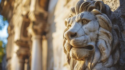 Wall Mural - Majestic stone lion statue guarding the entrance gate of an old building or estate