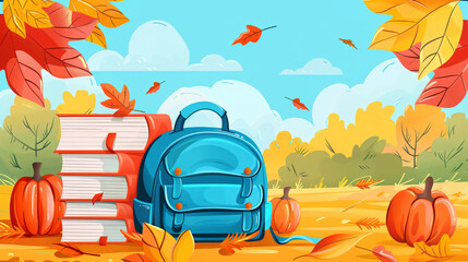 Wall Mural - blue backpack, stack of books, and pumpkins on the ground in a colorful autumnal park setting