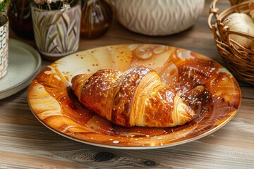 Poster - Appetizing golden croissant with honey drizzle on an ornate plate, ideal for a gourmet breakfast setting