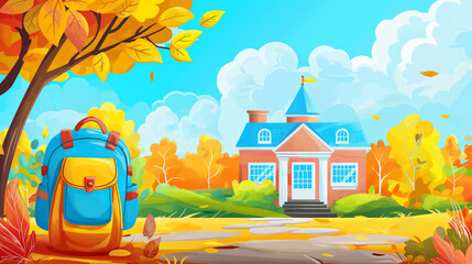 Wall Mural - blue and yellow backpack on the ground under a tree with autumn leaves, in front of a school buildin