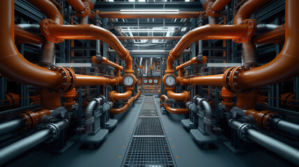 Wall Mural - Industrial facility with numerous interconnected orange and metallic pipes, pressure gauges, and valves, likely a power plant or chemical plant piping system.