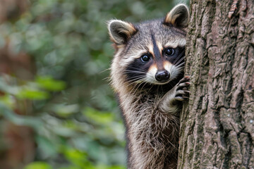 Wall Mural - A playful raccoon peeks out from behind a tree.