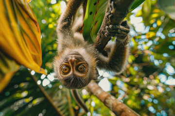 Wall Mural - A playful monkey hangs from a branch, looking at the camera.