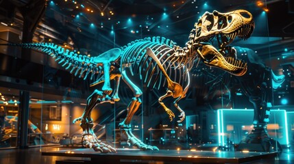 Tyrannosaurus Rex Skeleton Exhibit Under Neon Lights