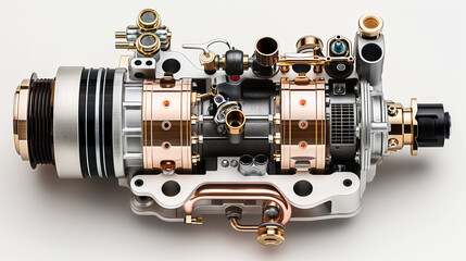 Sticker - Highly detailed close-up of a mechanical device, featuring various metal parts including gears, pistons, and connectors with bronze and steel elements.