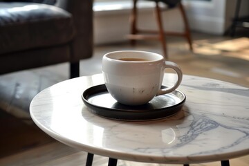 Sticker - Cozy scene with a cup of coffee on a marble table, bathed in warm sunlight