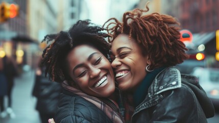 Wall Mural - Two friends embracing and laughing together in a bustling city environment