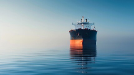 A massive oil tanker navigating through calm, open waters under a clear blue sky