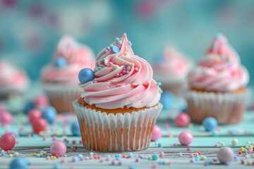 Wall Mural - Delicious cupcakes with pink frosting and assorted sprinkles, festive and bright presentation