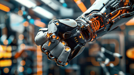 Poster - Close-up of a robotic arm with intricate mechanical details and glowing orange lights, set in a futuristic environment.