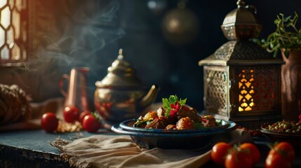 Wall Mural - Traditional Moroccan tajine dish with old lantern