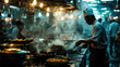 © weerasak - Vibrant kitchen scene showcasing a chef skillfully preparing dishes amidst steam and glowing lights.