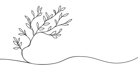 Tree branch with leaves. One line continuous branch and leaves. Line art isolated branch. Outline vector illustration.