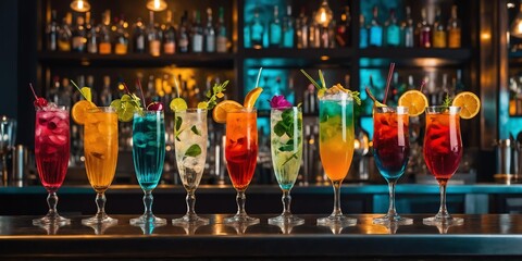 restaurants background lined up with different kinds of cocktail drinks