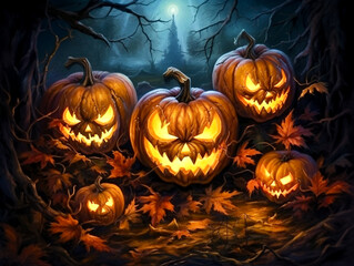 Canvas Print - halloween pumpkins on a dark background