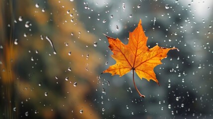 Autumn leaf with water droplets on glass