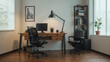 © Jenar - view of an empty homeoffice desk interrior, black hcairs lamp window and plant, generative AI