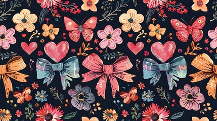 Wall Mural - A vibrant and colorful floral pattern featuring butterflies, hearts, and bows on a dark background, perfect for various design projects. Seamless